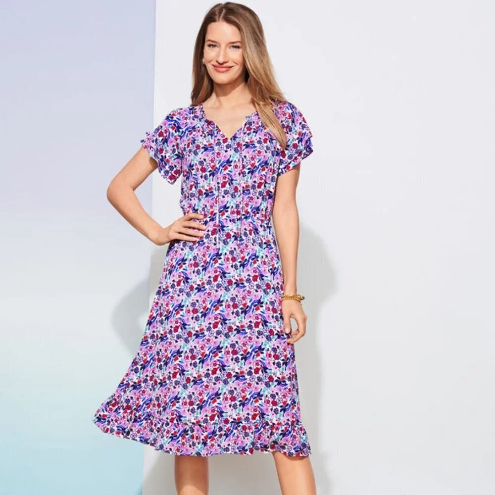 Talbots Paradise Floral Print Flutter Sleeve Popover Dress 29531 - Picture 1 of 15